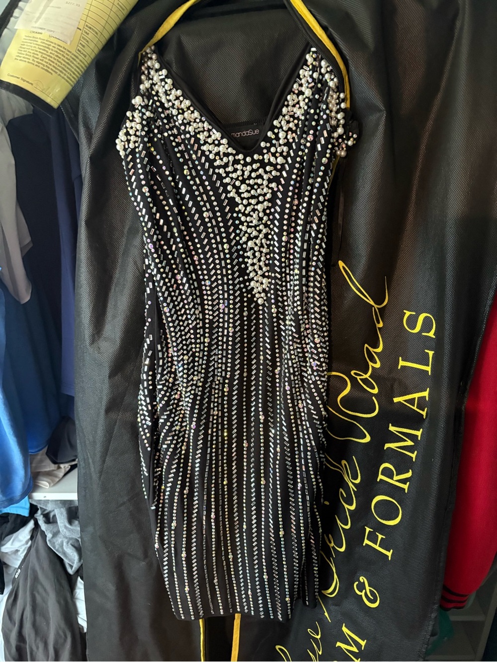 Black Crystal-Embellished V-Neck Mini Dress